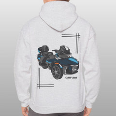 Person wearing a gray hoodie with a graphic of a vehicle on the back against a light gray background