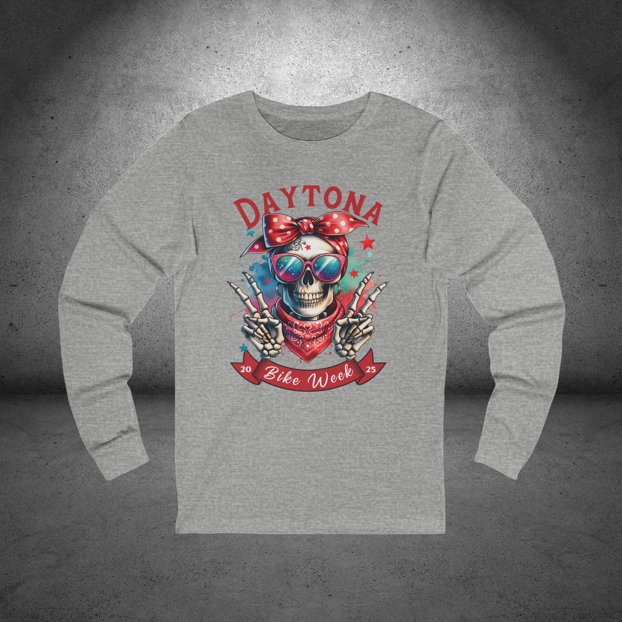 Ladies Daytona Bike Week 2025 Hipster Skull Long Sleeve Crew Neck TShirt