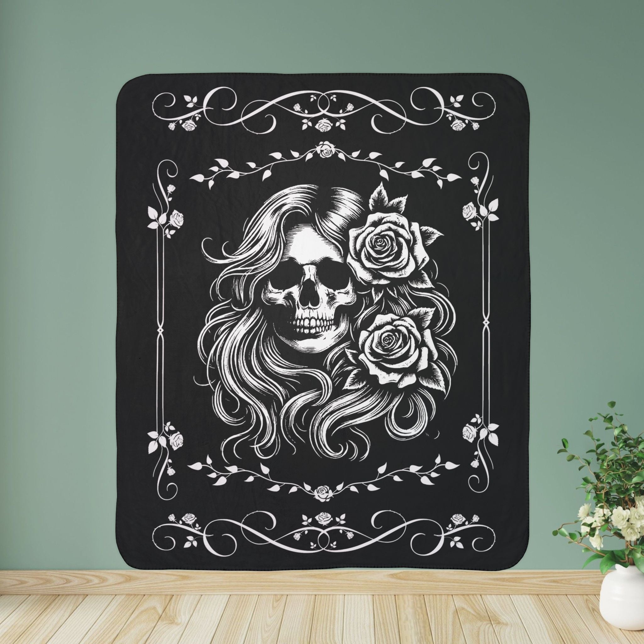 Lady Biker Skull Rose Sherpa Fleece Blanket