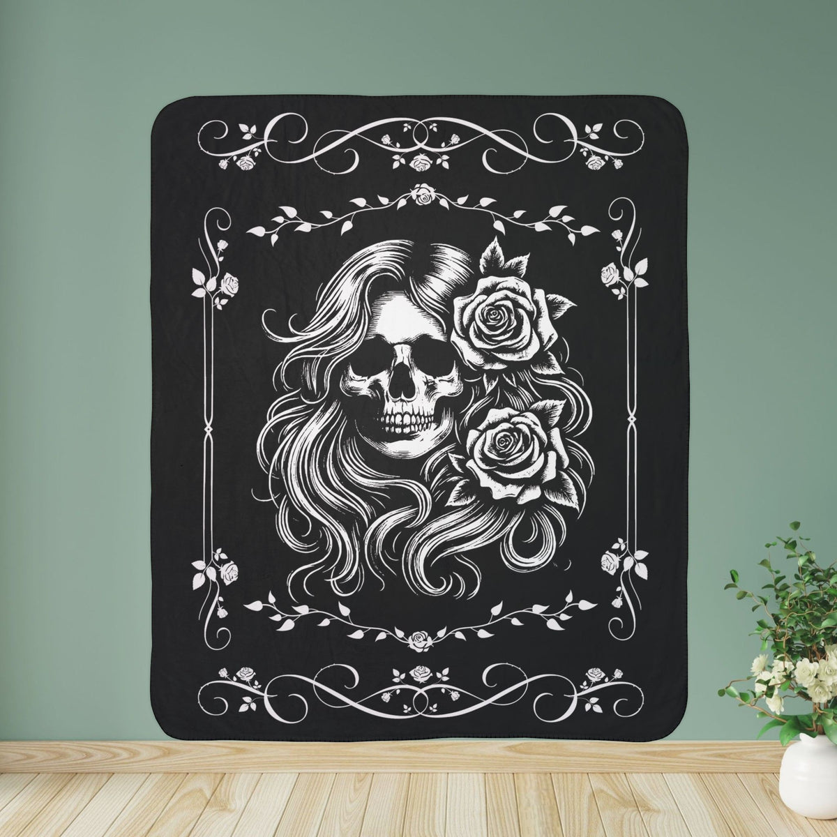 Lady Biker Skull Rose Sherpa Fleece Blanket