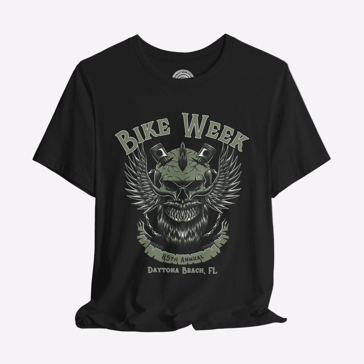 Black t-shirt with 'Bike Week' graphic design on a gray background