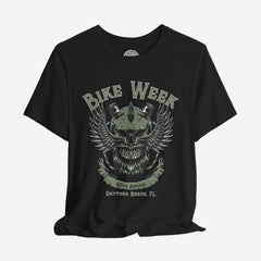Black t-shirt with 'Bike Week' graphic design on a gray background