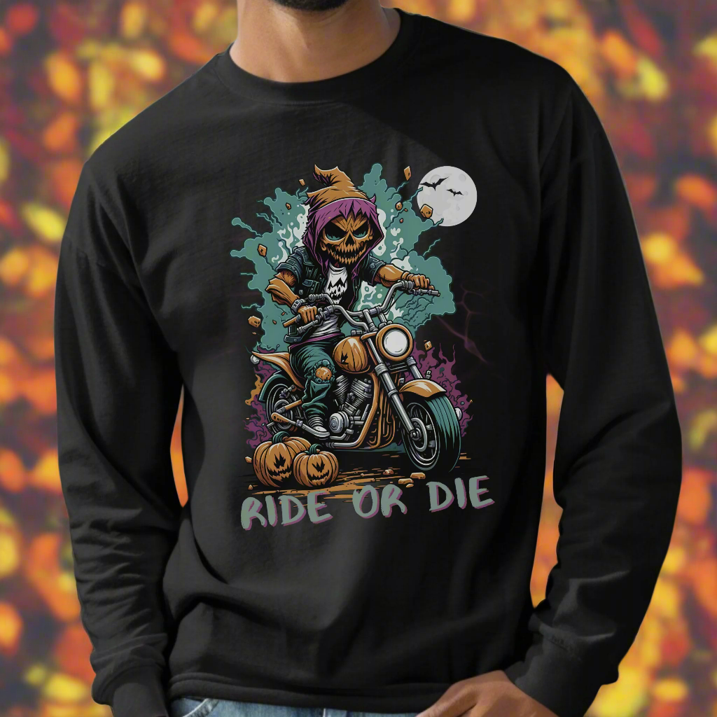 Halloween Biker Long Sleeve Crew Neck TShirt