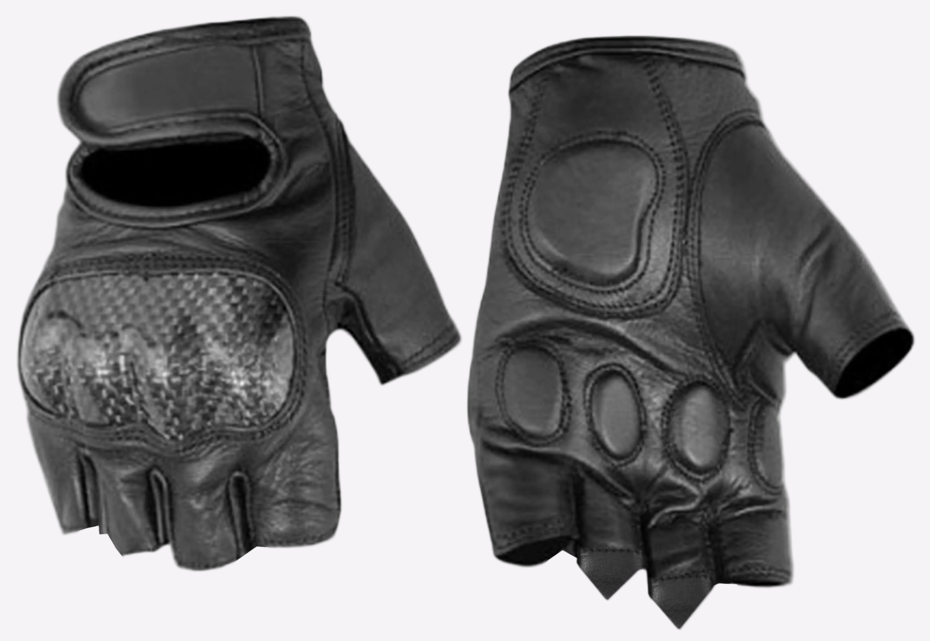 Pair of black leather gloves with cut-out design on a white background