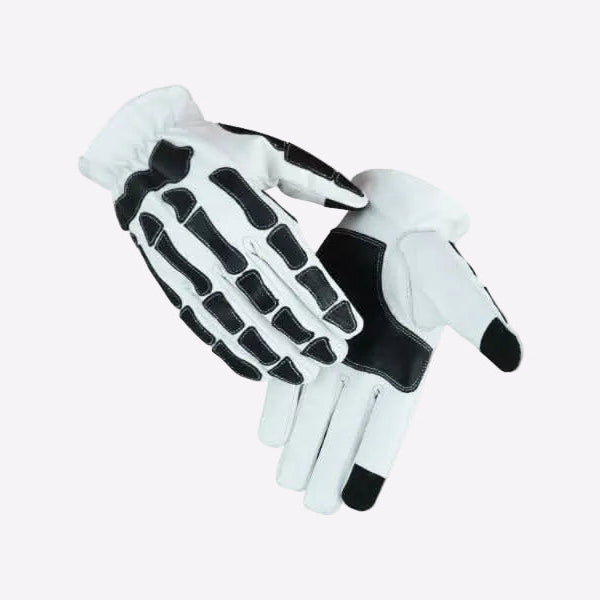 Pair of white gloves with black skeleton design on a white background