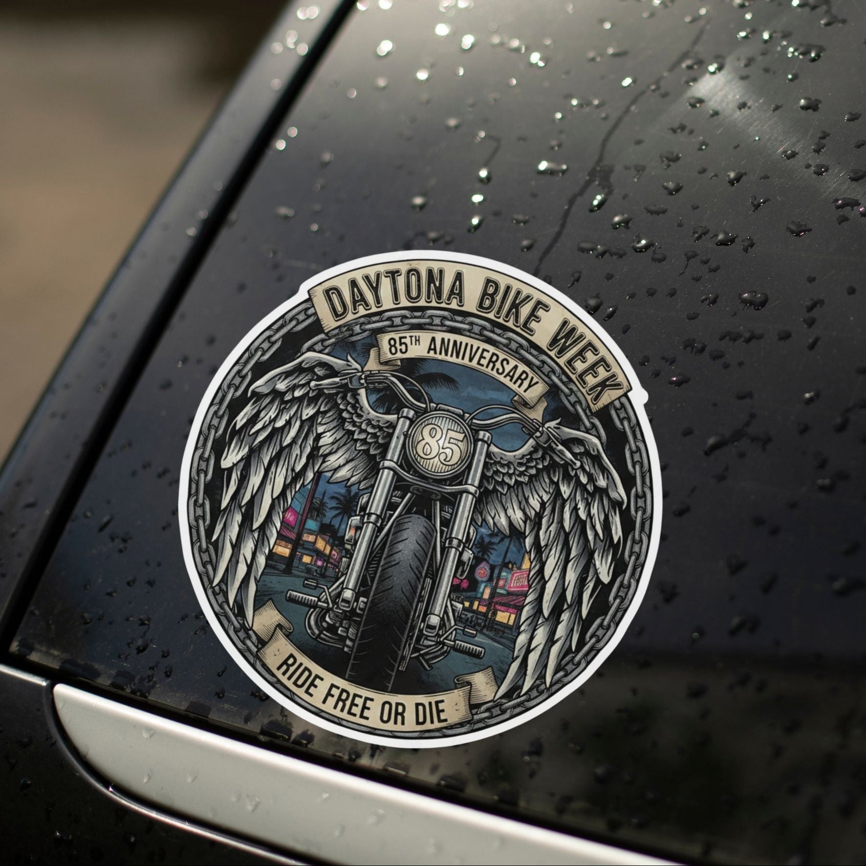 Daytona Bike Week emblem on a wet car window