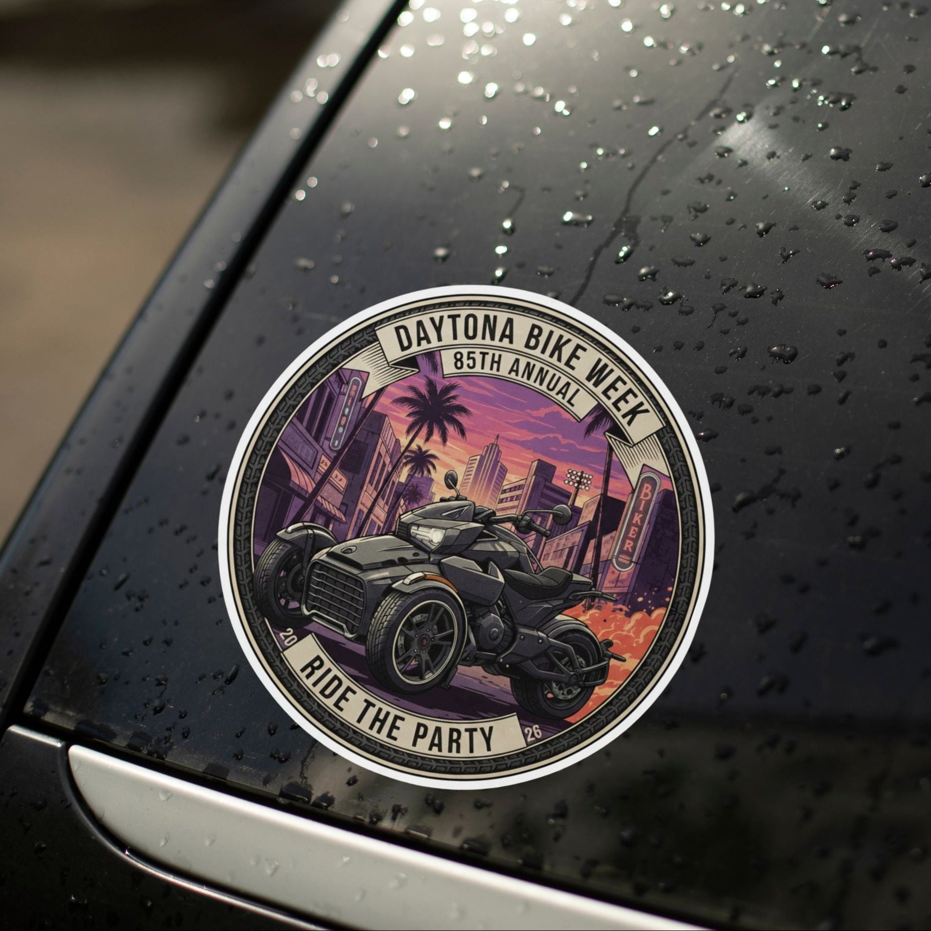 Daytona Bike Week sticker on a wet car window