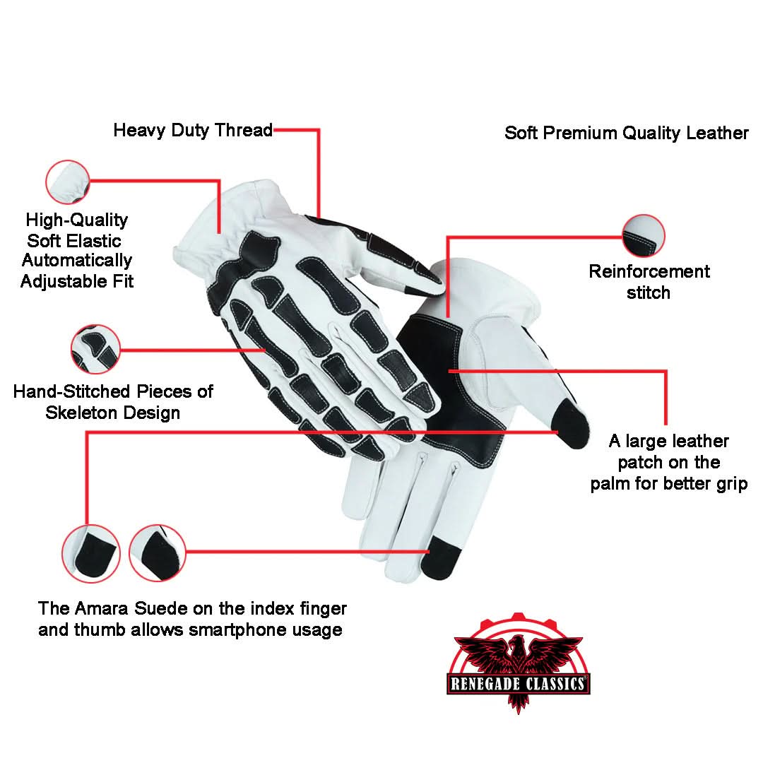 Men's Leather Skeleton Hand Riding Gloves | White & Black