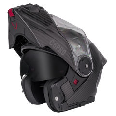 Black motorcycle helmet with clear visor on a white background