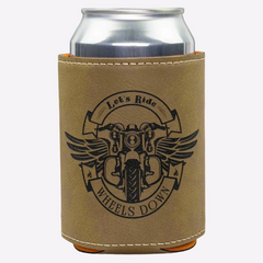 A faux leather beverage holder with a custom motorcycle design, including wings and text, holding a standard 12 oz can.
