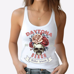 White tank top with 'Daytona Beach Bike Week' design featuring roses and a skull.