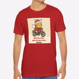 Man wearing a red t-shirt with a graphic design on a white background