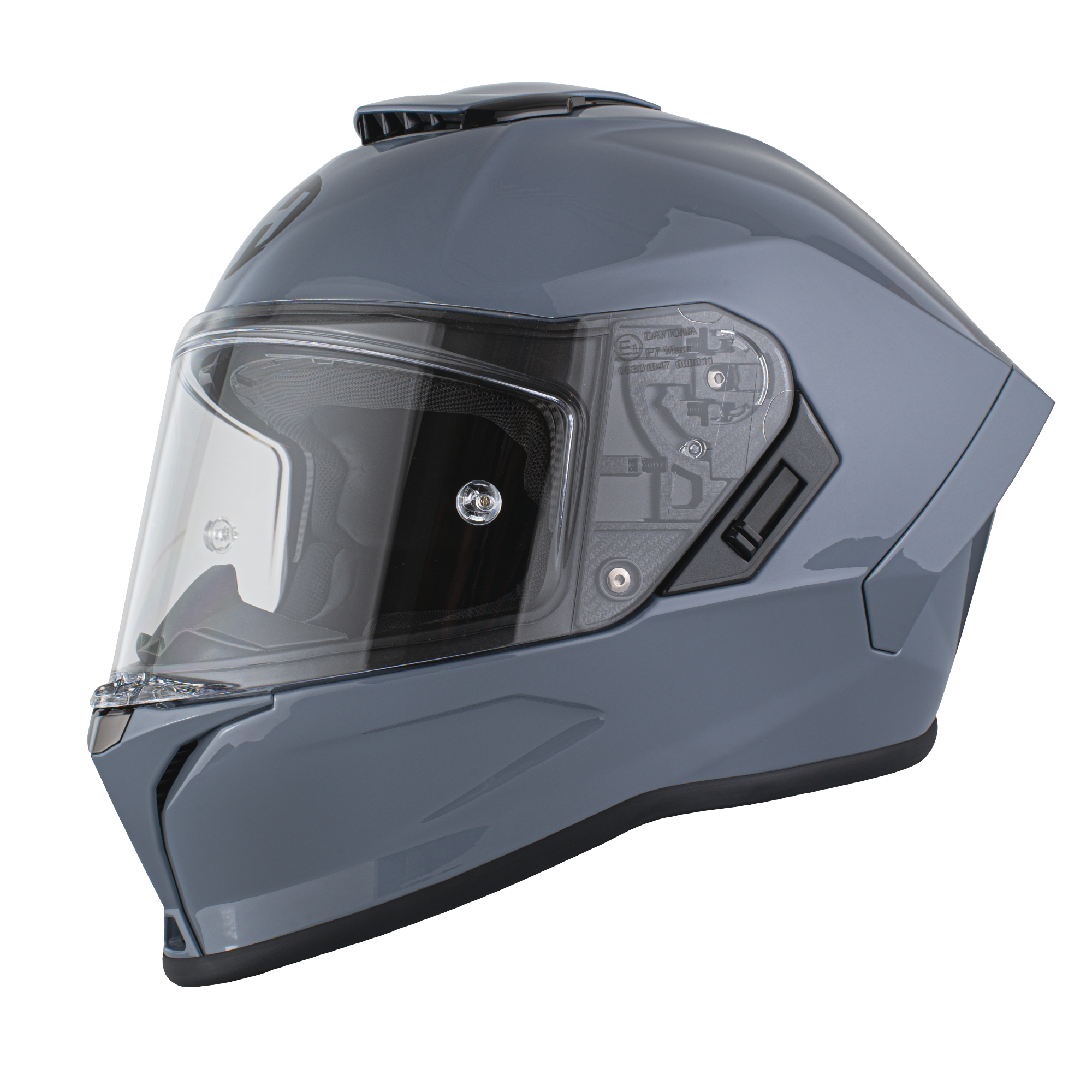 Gray motorcycle helmet with clear visor on a white background