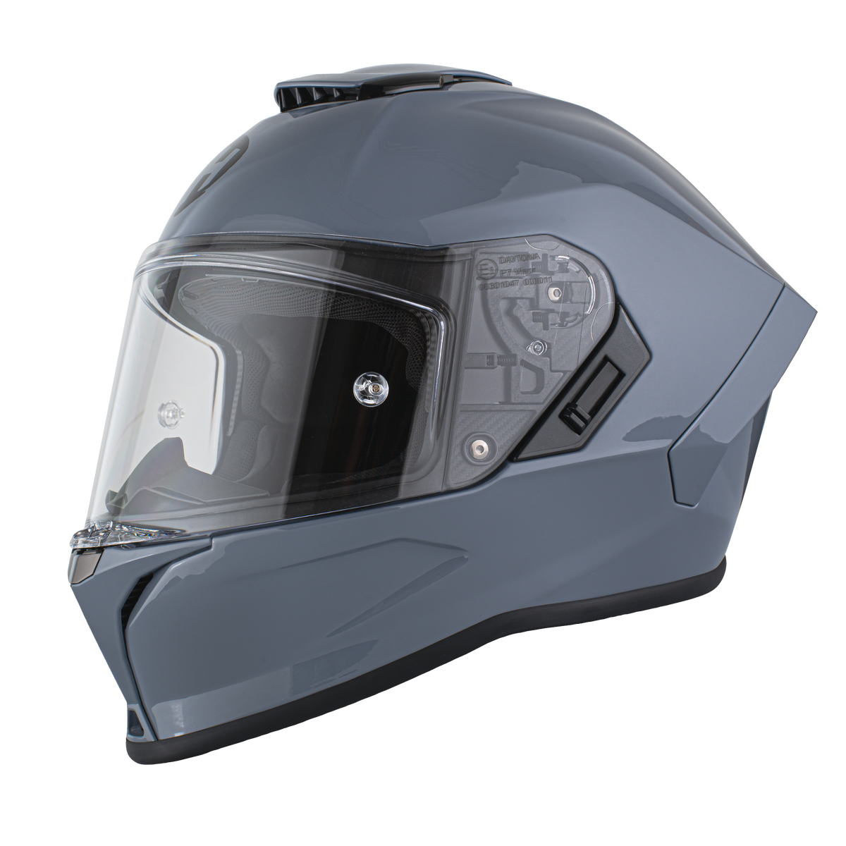 Gray motorcycle helmet with clear visor on a white background