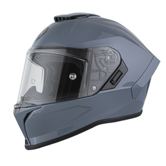 Gray motorcycle helmet with clear visor on a white background