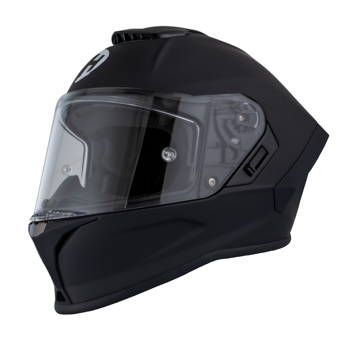 Black motorcycle helmet with clear visor on a white background