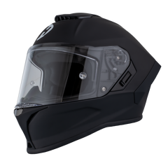 Black motorcycle helmet with clear visor on a white background