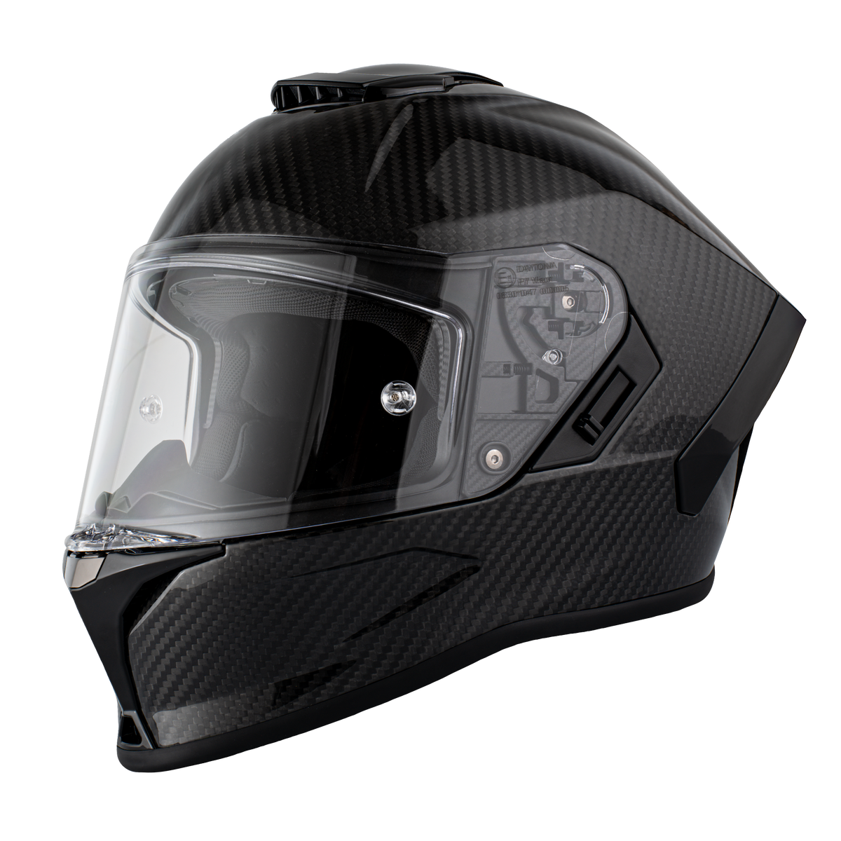 Black motorcycle helmet with clear visor on a white background