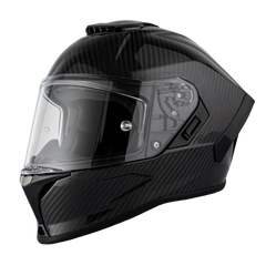 Black motorcycle helmet with clear visor on a white background