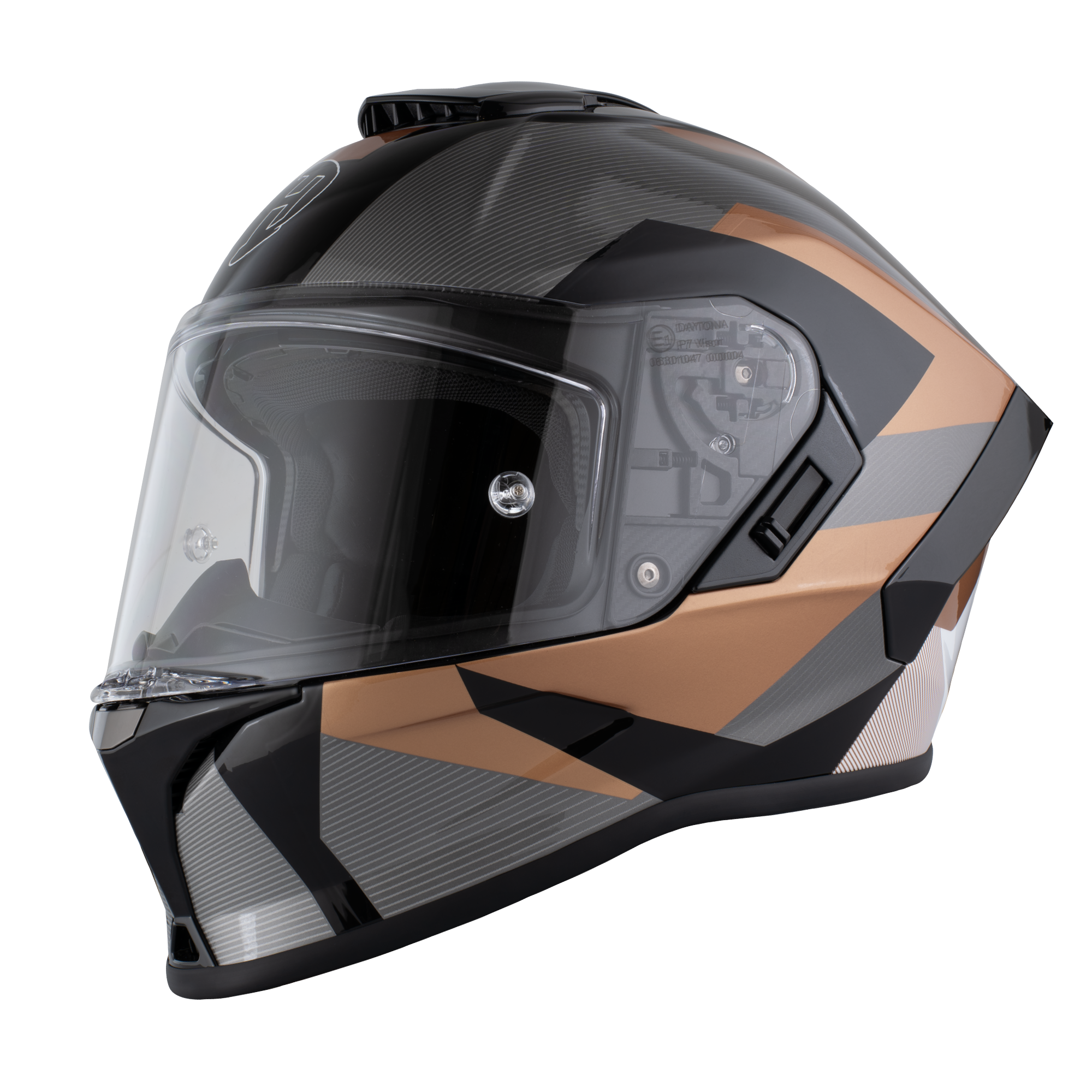 Motorcycle helmet with a black and brown geometric pattern on a white background