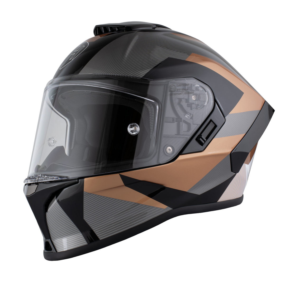 Motorcycle helmet with a black and brown geometric pattern on a white background