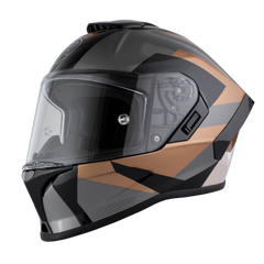 Motorcycle helmet with a black and brown geometric pattern on a white background