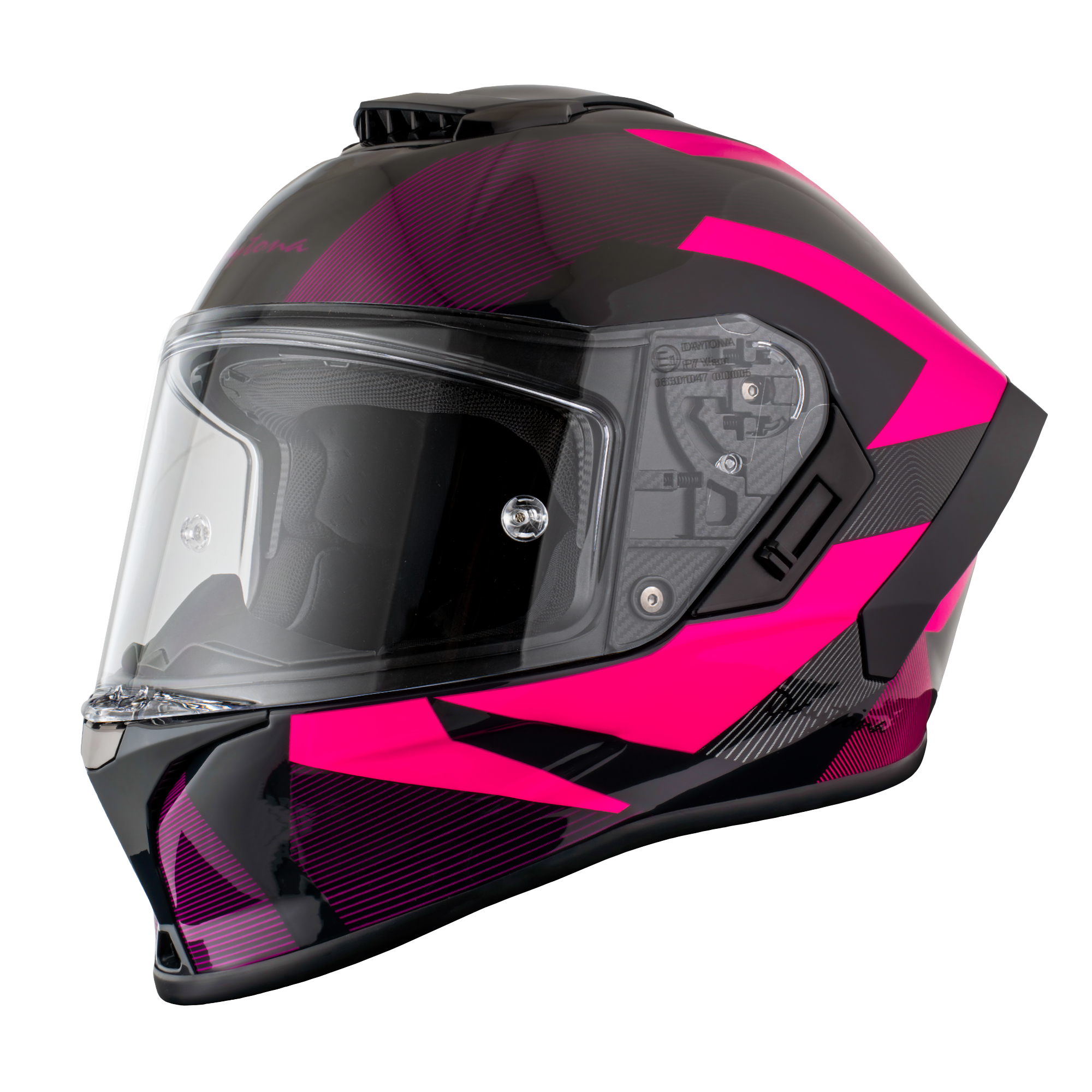 Black and pink motorcycle helmet on a white background