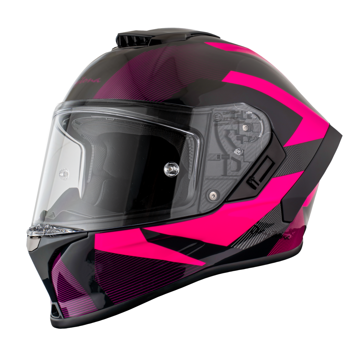 Black and pink motorcycle helmet on a white background
