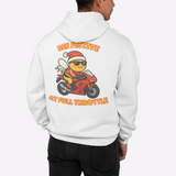 White hoodie with a bee graphic and text on the back, worn by a person.