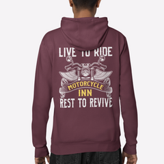 Person wearing a maroon hoodie with text and graphics on the back, on a white background