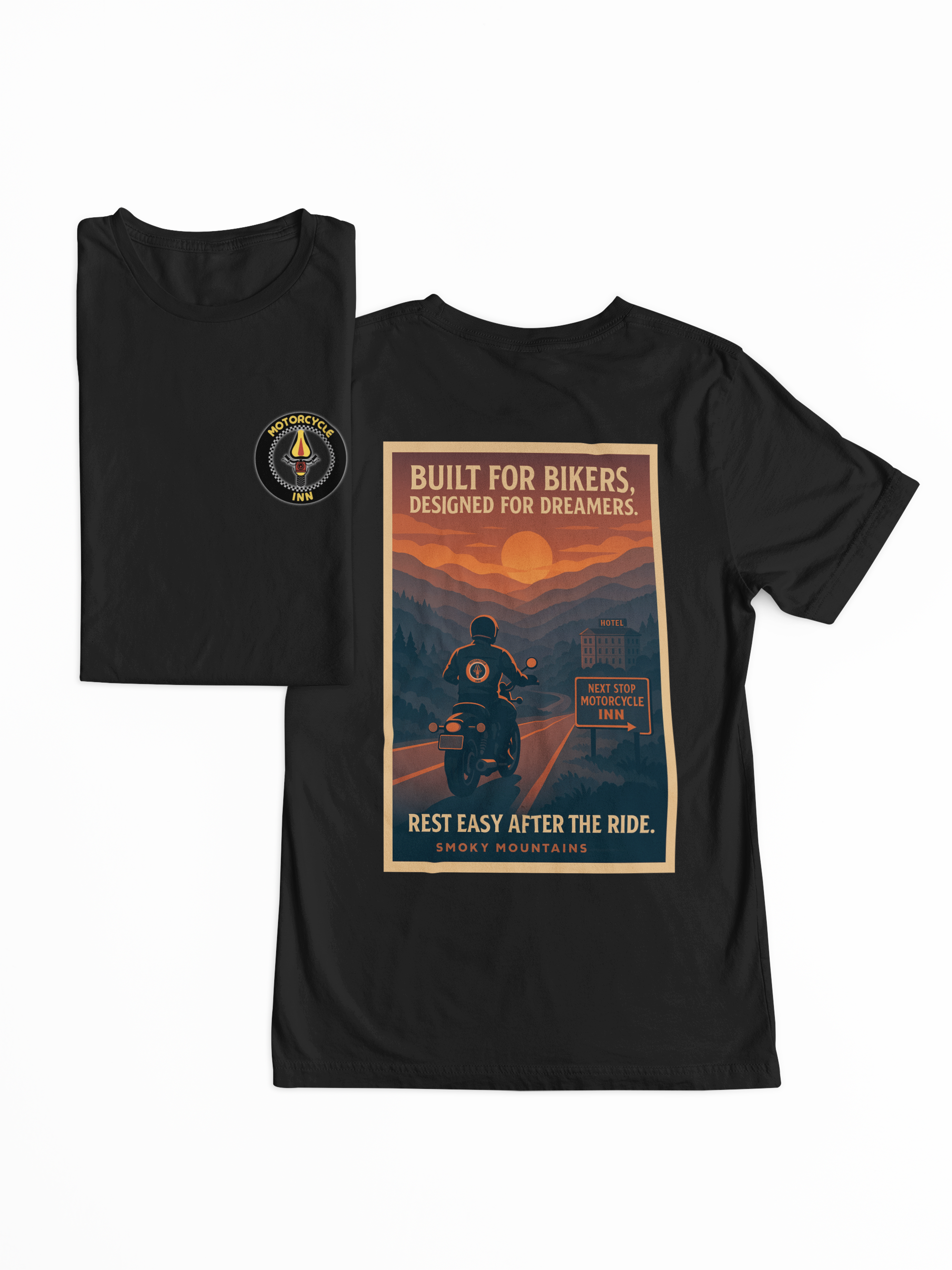 Black t-shirt with a graphic design on the front and back, featuring a motorcycle and text.