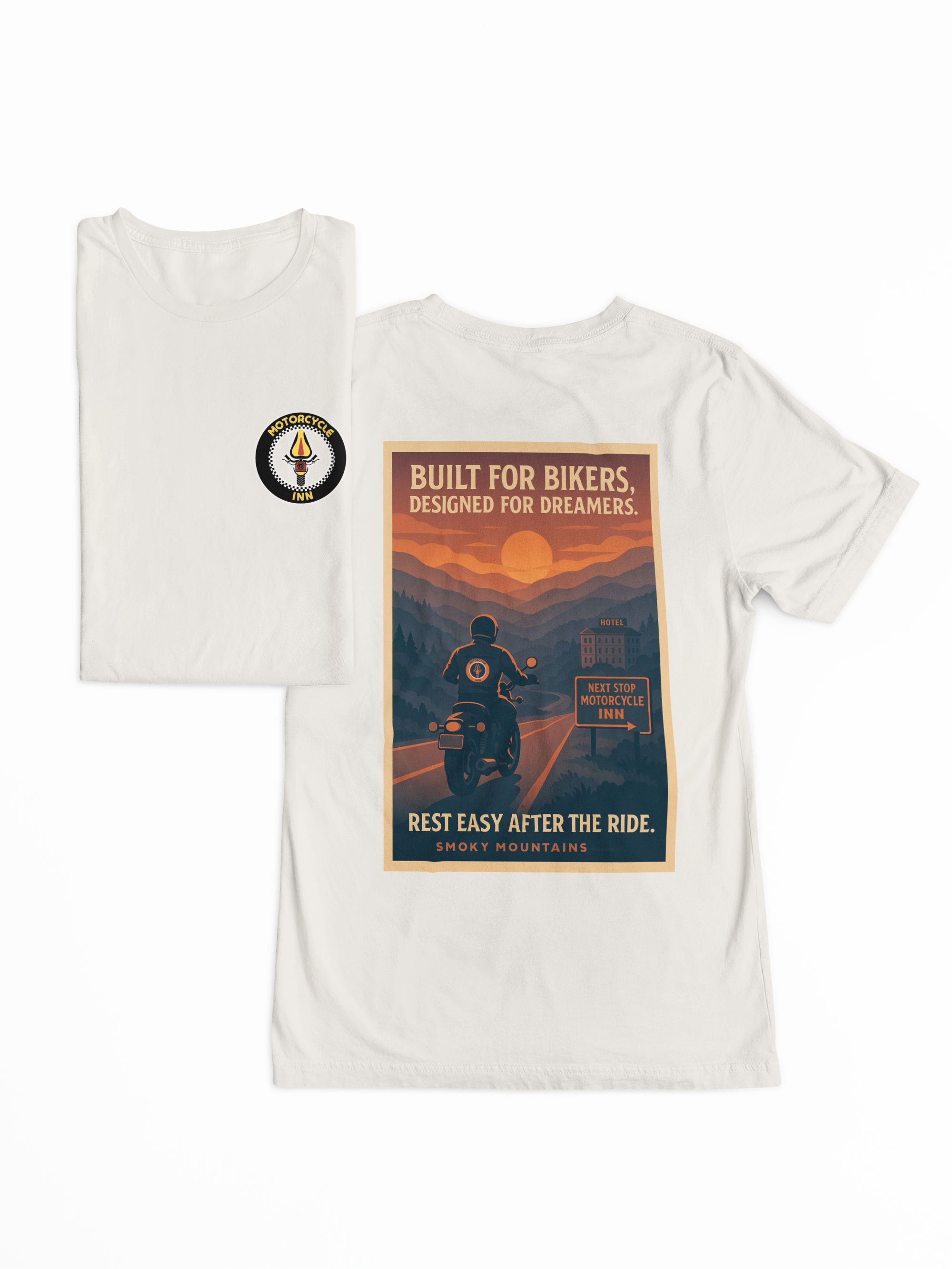 White t-shirt with a graphic design of a biker and text on a white background