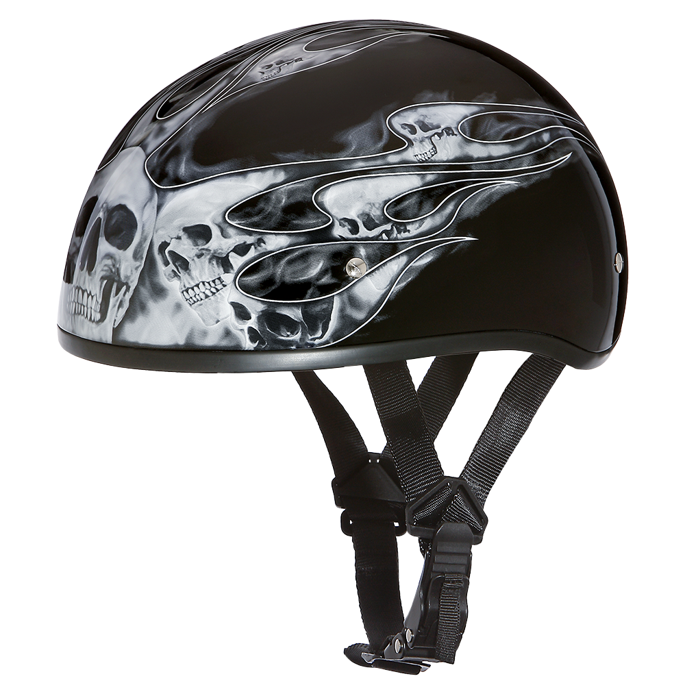 Motorcycle Graphic Half Face Helmet | Skull Flames Silver