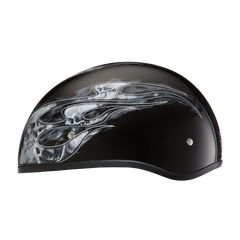 Motorcycle Graphic Half Face Helmet | Skull Flames Silver