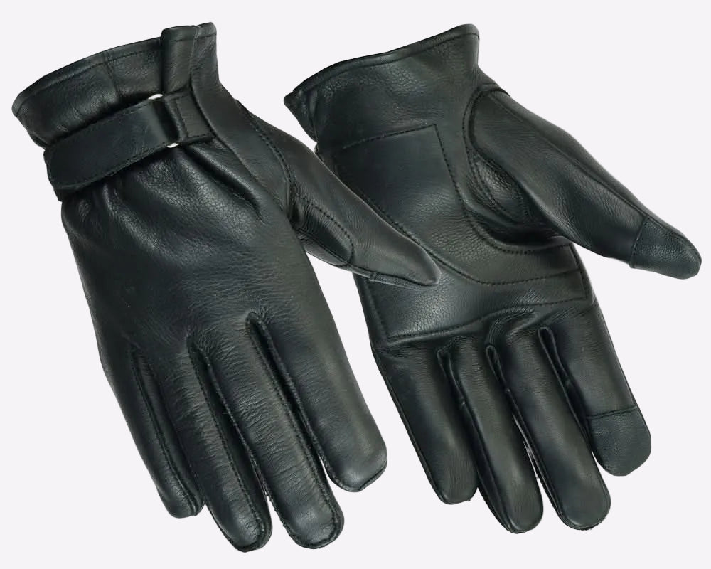 Pair of black leather gloves on a white background