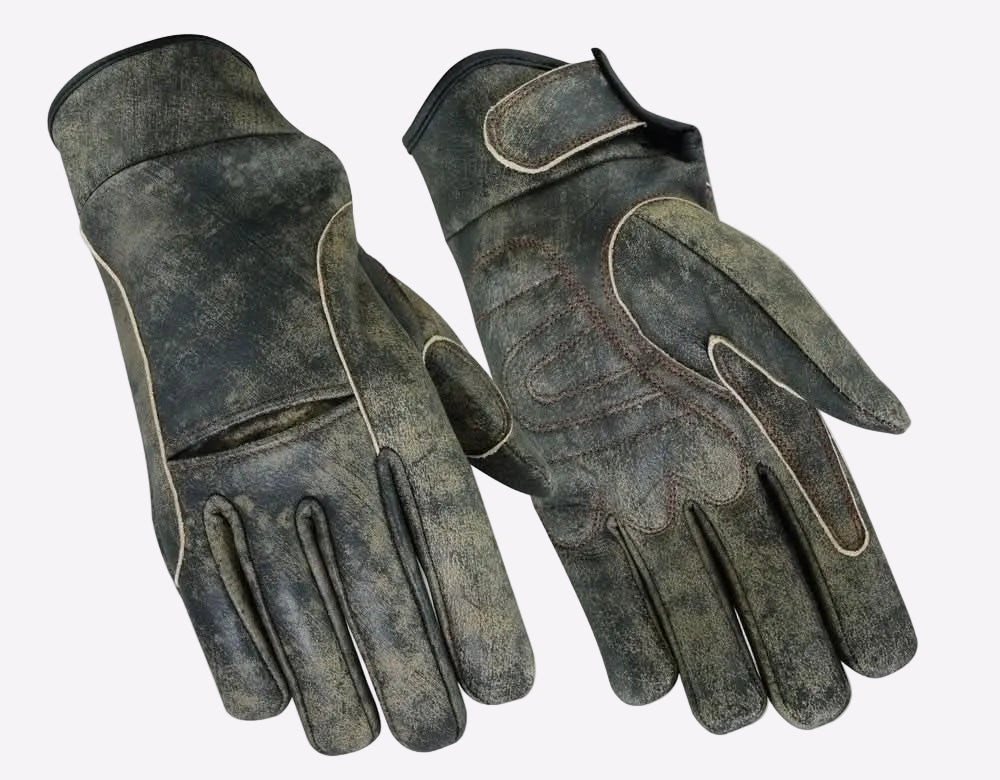 Pair of worn leather gloves on a white background