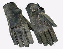 Pair of worn leather gloves on a white background
