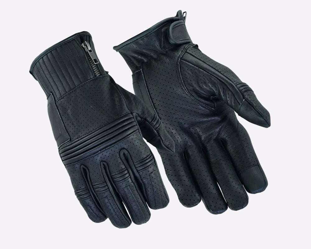 Pair of black gloves with textured palm and zippers on a white background