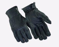 Pair of black gloves with textured palm and zippers on a white background