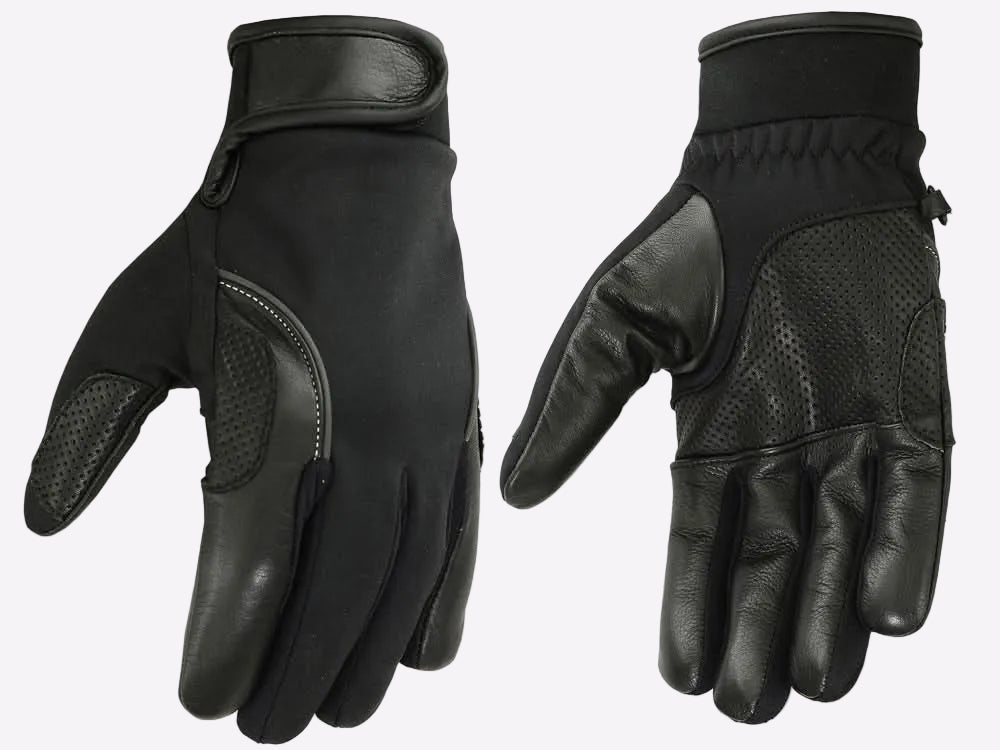 Pair of black leather gloves with mesh accents on a white background