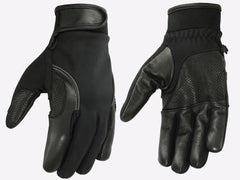 Pair of black leather gloves with mesh accents on a white background