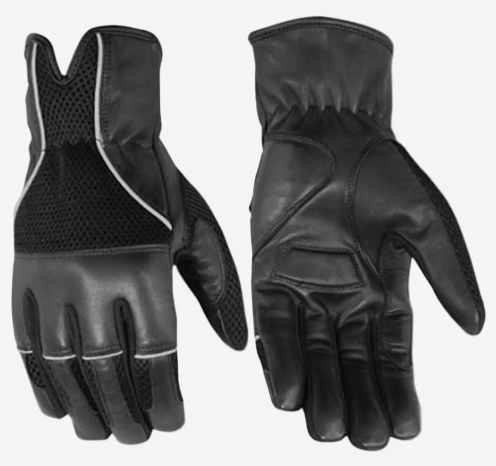 Pair of black leather gloves with mesh accents on a white background