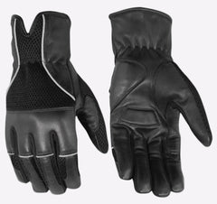 Pair of black leather gloves with mesh accents on a white background