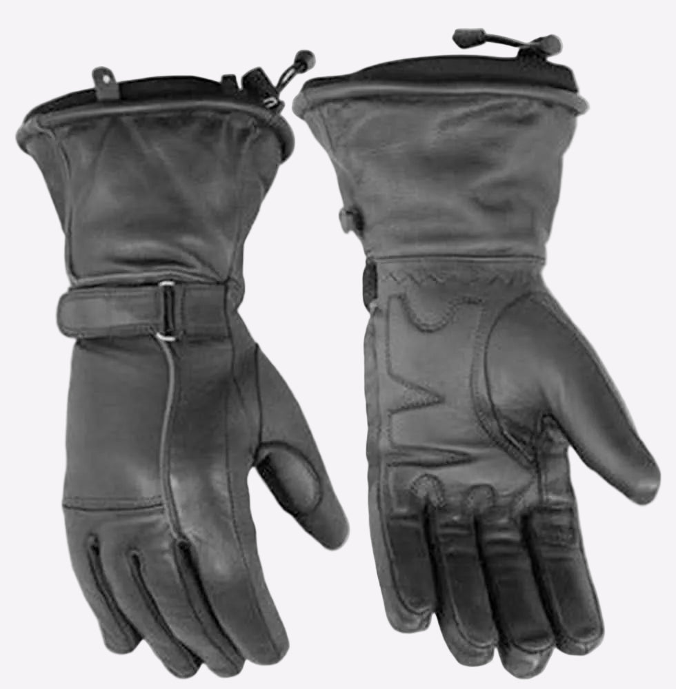 Pair of black leather gloves with star patterns on a white background