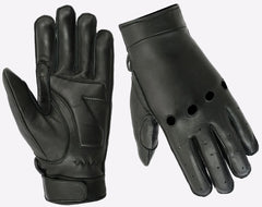 Pair of black leather gloves with finger holes on a white background