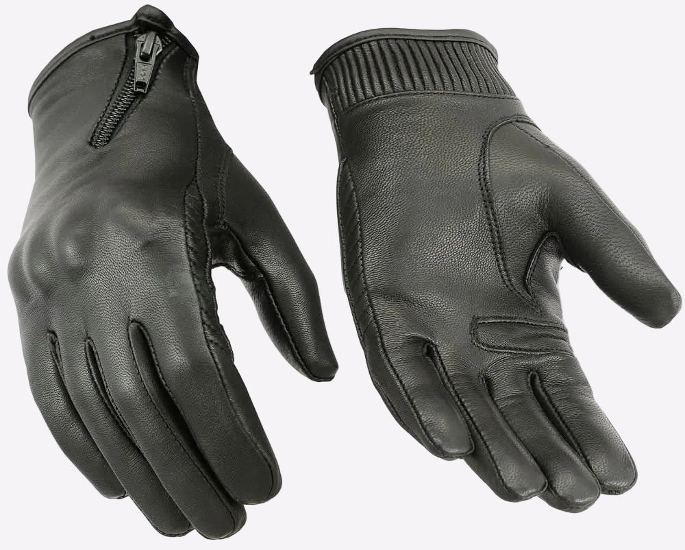 Pair of black leather gloves with zippers on a white background