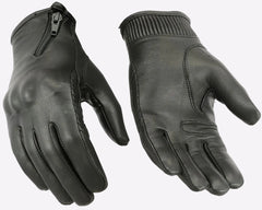 Pair of black leather gloves with zippers on a white background