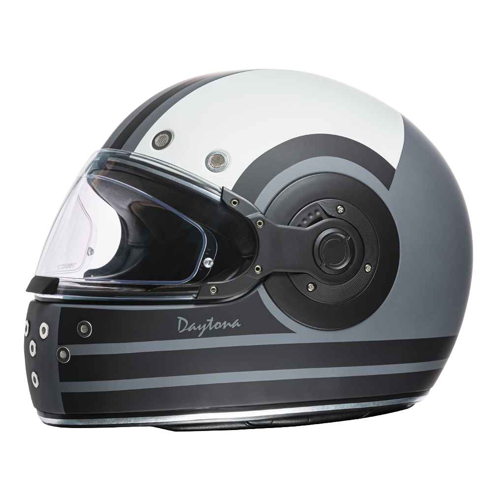 Daytona Retro Full Face Motorcycle Helmet - Dull Black with White Racer Graphic