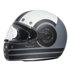 Daytona Retro Full Face Motorcycle Helmet - Dull Black with White Racer Graphic
