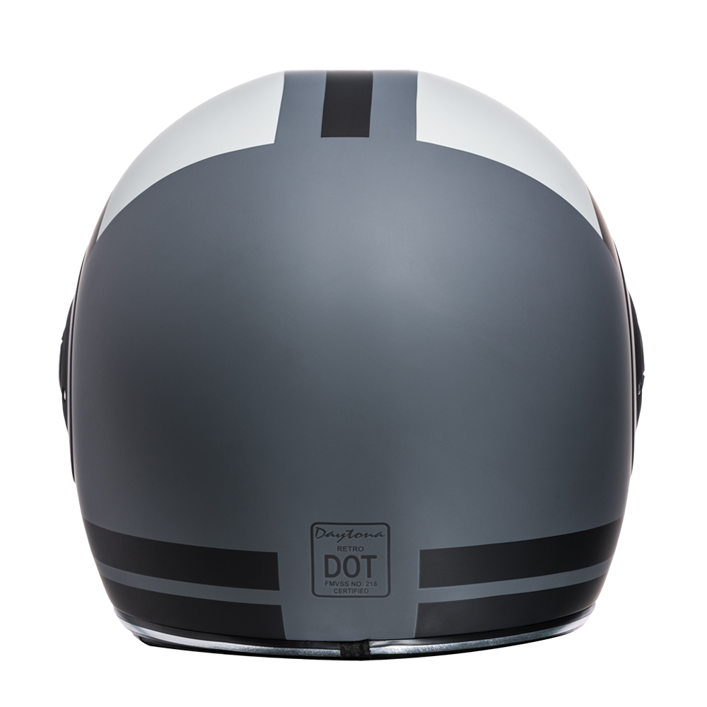 Daytona Retro Full Face Motorcycle Helmet - Dull Black with White Racer Graphic